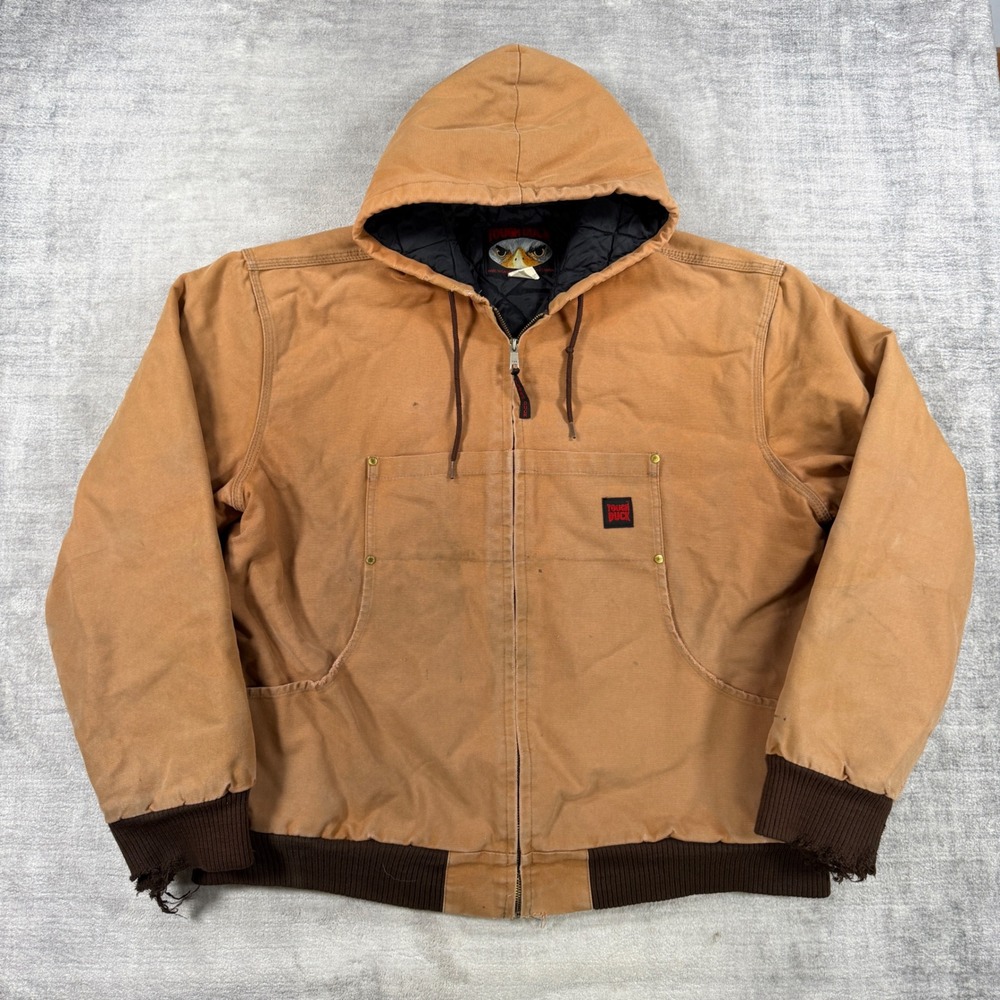 Tough Duck Jacket Mens XL Tall Brown Canvas Hooded Work Quilted Lined Distressed